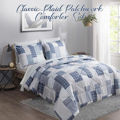 Comforter Set Queen Size Plaid Patchwork Comforter Bedding-7 Piece Bed in a Bag,Soft Fluffy Reversible Microfiber Bedding Set(1 Comforter,1 Flat Sheet,1 Fitted Sheet,2 Pillowcases,2 Pillow Shams),Blue