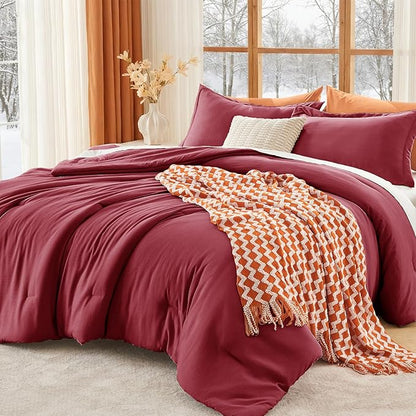 MUXHOMO King Size Comforter Set, All Season Ultra Soft Down Alternative Bedding - 3 Piece Lightweight Bed Set Includes 1 Comforter (104"x90") and 2 Pillow Shams (20"x36"), Burgundy Red