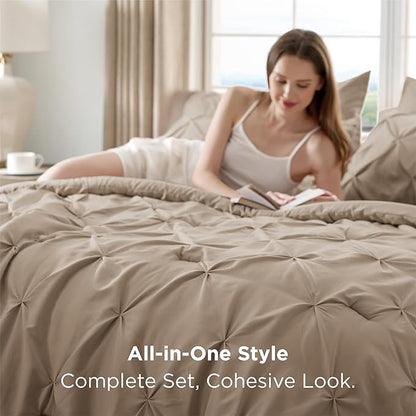 Bedsure King Size Comforter Set Khaki - Bed in a Bag Bedding Set 7 Pieces, GentleSoft™ Pintuck Bed Set Gift for Family, Pinch Pleat Khaki Comforter with Sheets, Pillowcases & Shams