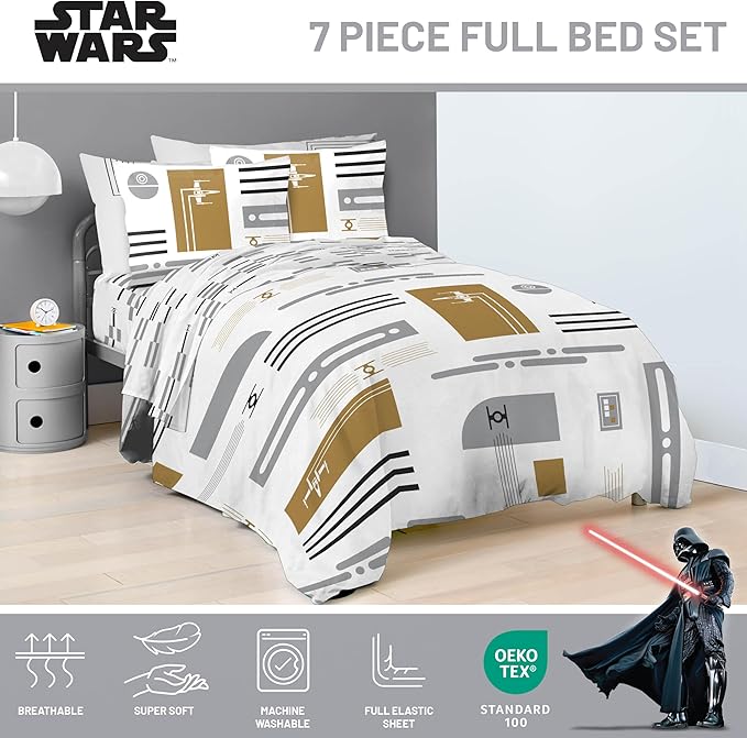 Jay Franco Comforter Set Includes Sheets and Pillow Covers - Soft and Cozy Bed Set for Stylish Room Decor, White - Star Wars, 7 Piece Full Size Bedding