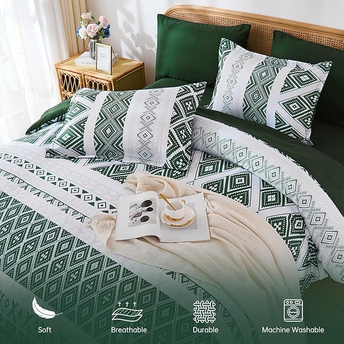 Luxudecor Green Comforter Set Queen Size 7 Pieces,Boho Aztec Comforter with Sheet Set,Geometric Striped Pattern Bed in a Bag,Soft Microfiber Bed Set 90"x90"