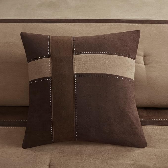 Madison Park Palisades Comforter Set Modern Faux Suede Pieced Stripe Design, All Season Down Alternative Cozy Bedding with Matching Shams, Decorative Pillows, King(104"x92"), Brown 7 Piece
