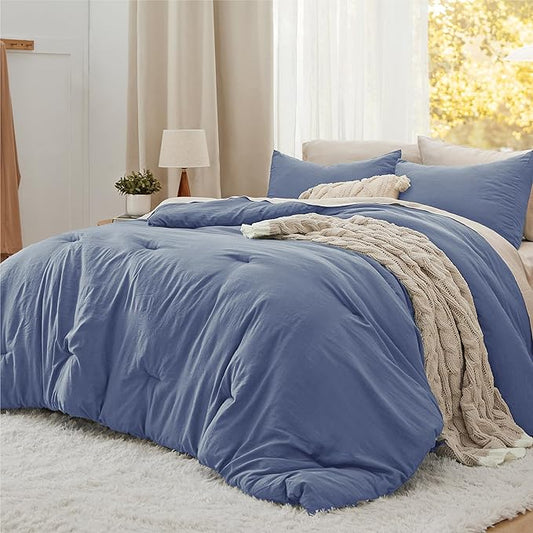 Bedsure Queen Comforter Set, Blue Soft Prewashed Bedding for All Seasons, 3 Pieces GentleSoft™ Bed Set, 1 Lightweight Comforter (90"x90") and 2 Pillowcases (20"x26")