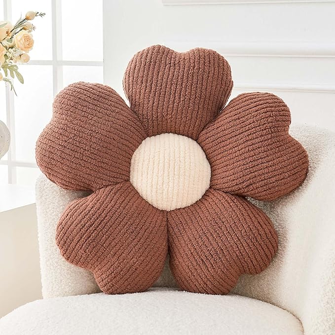 Flower Throw Pillow, Cute Flower Shaped Pillow Decorative Throw Pillow for Bed Couch, Soft Daisy Pillows Floor Seating Cushion Cushions (14.9 Inch Brown)