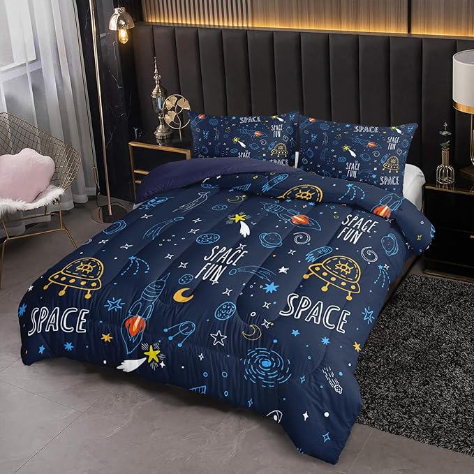 Outer Space Comforter Sets Queen，Bedding Sets for Kids,Cartoon Rocket and Flying Boat Comforter Sets All Season 1 Comforter and 2 Pillowcases