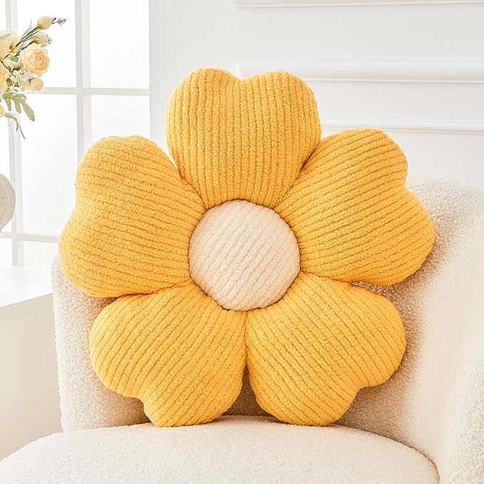 Flower Throw Pillow, Cute Flower Shaped Pillow Decorative Throw Pillow for Bed Couch, Soft Daisy Pillows Floor Seating Cushion Cushions (19.6 Inch Yellow)