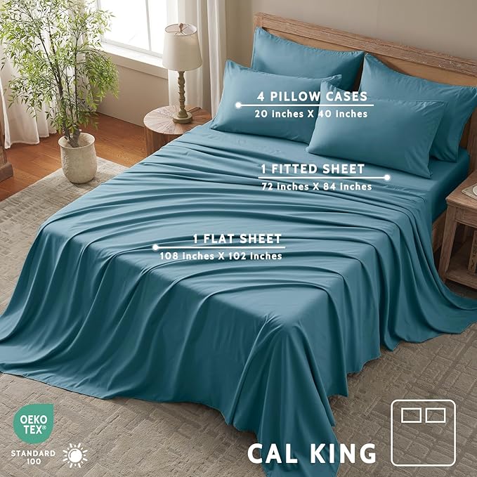 Cal King Size Sheets Set - 6 Piece Luxuriously Soft & Cooling Sheets Cal King Size - Ultra Soft 16" Deep Pocket Cal King Sheet Set - Fitted Sheet & Pillowcase Sets (Cal King Denim Blue)