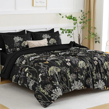 Yiran Black California King Comforter Set, 7 Piece Dandelion Botanical Comforter Bedding Set, Spring Bed in a Bag, Soft Microfiber Complete Bedding Set with Sheets for All Season