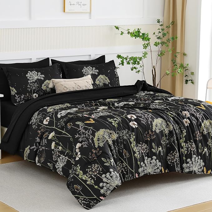 Yiran King Size Comforter Set, 7 Piece Comforter Floral Black Green Bedding Set, Soft Bed in a Bag King, Comforter, Sheets, Pillowcases & Shams
