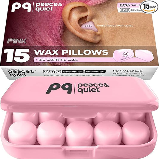 Peace&Quiet | PQ Silicone Ear Plugs for Sleeping - 15 Wax Earplugs for Sleep and Swimming, Soft Ear Covers for Sleeping, Wax Ear Plugs Noise Cancelling 32Db, Pink
