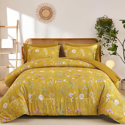 Yiran King Size Comforter Set, 7 Pieces Yellow Floral Soft Bedding Sets, King Bed in a Bag Botanical Flowers All Season Comforter, Sheets, Pillowcases & Shams