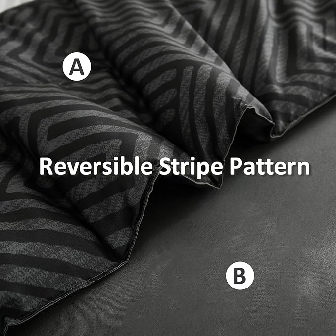 Drucon Black and Grey Comforter Set Full Size 7 Piece Bed in a Bag, Boho Striped Bedding Set, Soft Microfiber Comforter and Sheet Set for All Season