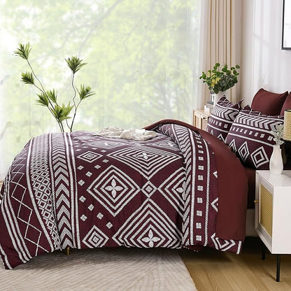Yiran Burgundy King Comforter Set, 7 Piece Boho Striped Bedding Set, Geometric Aztec Bed in a Bag King, Soft Microfiber Bohemian Complete Bedding Set with Sheets for All Season