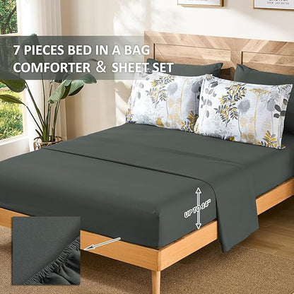 Anibedding 7Pieces King Size Comforter Set, Grey Botanical Bed in a Bag Complete Set with Sheet Pillowcase for Bedroom All Season