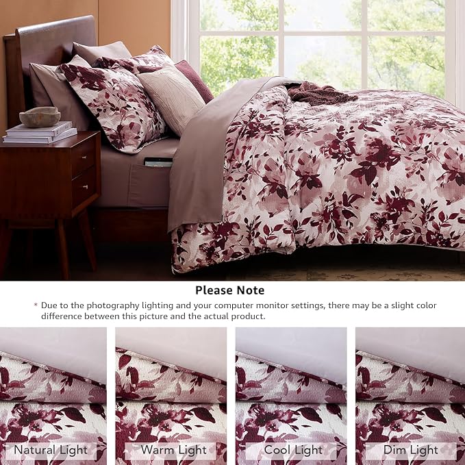 CASAAGUSTO King Comforter Set, 7 PCS Purple Willow Leaf Floral Comforter Set with Flowers Leaves Pattern, Soft Seersucker Design All Season King Size Bedding Set(102"X90")