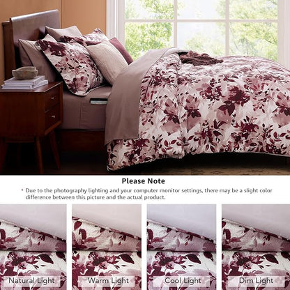 CASAAGUSTO King Comforter Set, 7 PCS Purple Willow Leaf Floral Comforter Set with Flowers Leaves Pattern, Soft Seersucker Design All Season King Size Bedding Set(102"X90")