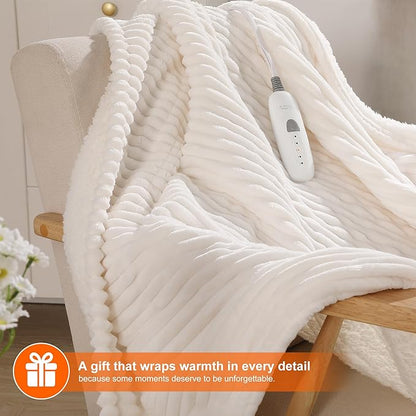 Electric Blanket Full Heated Blanket Full Size- Striped Flannel & Thick Sherpa, 5 Heat Settings & 10 Hour Auto Off with FCC/ETL Certified, Overheat Protection & Machine Washable, White 72"x84"