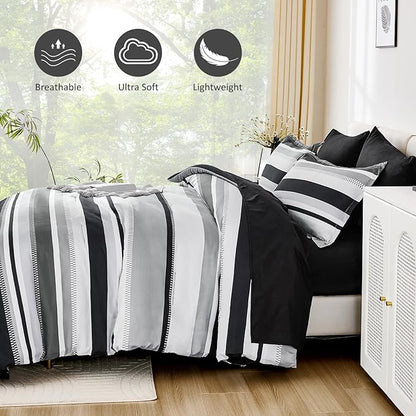 WONGS BEDDING Queen Size Comforter 7 Pieces, Black Queen Comforter Set with Sheets, Boho Striped Bed in a Bag Soft Micorfiber Bedding Set for All Seaon (90"×90")