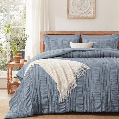 Blue Tufted Comforter Set King Size 7 Piece Bed in a Bag，Shabby Chic Boho Bedding for Bedroom Comforter，All Season Soft Microfiber Ruffle Comforter Set with Pillow and Sheets