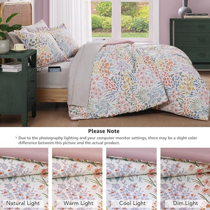 CASAAGUSTO King Comforter Set, 7 PCS Pinkish Floral Comforter Set with Flowers Leaves Pattern, Soft Seersucker Design All Season King Size Bedding Set(102"X90")