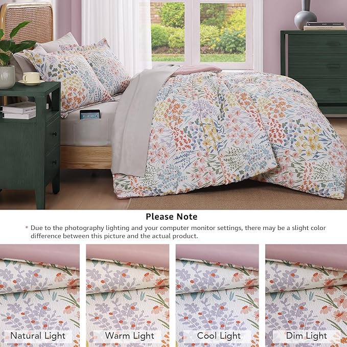 CASAAGUSTO Full Comforter Set, 7 PCS Pinkish Floral Comforter Set with Flowers Leaves Pattern, Soft Seersucker Design All Season Full Size Bedding Set(80"X90")
