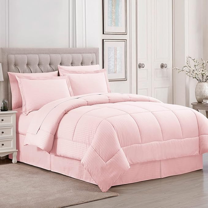 8 Piece Comforter Set Bag with Dobby Stripe Design, Case Pack (Pack of 3)