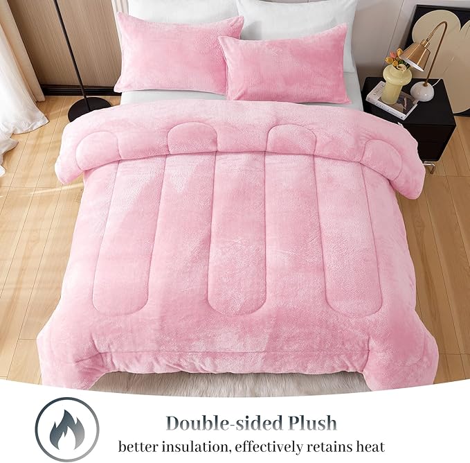 YIYEA Fluffy King Size Comforter Set, Luxury Faux Fur Comforter, Ultra Soft Plush Fuzzy Velvet Bedding Comforter Sets for Fall Winter, Cozy Warmth, No Shedding, 3PC, King, Pink