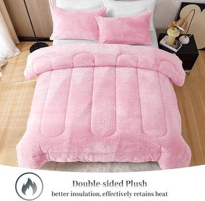 YIYEA Fluffy King Size Comforter Set, Luxury Faux Fur Comforter, Ultra Soft Plush Fuzzy Velvet Bedding Comforter Sets for Fall Winter, Cozy Warmth, No Shedding, 3PC, King, Pink