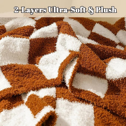 MorroMorn Checkered Throw Blanket for Couch, 2-Layers Soft Cozy Fleece Plaid Blankets Checkerboard Grid - Fluffy Fuzzy Warm for Sofa Chair Bed Christmas Fall Decor Gifts (Caramel, Throw 50"x60")
