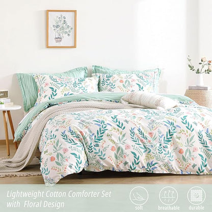 Botanical Cotton Comforter Queen Size 3Pcs - Cute Garden Floral Design with Green Leaves & Coral and Pink Flowers,Sage Striped Reverse,Lightweight Reversible Bedding Sets(Full/Queen,90"×90")
