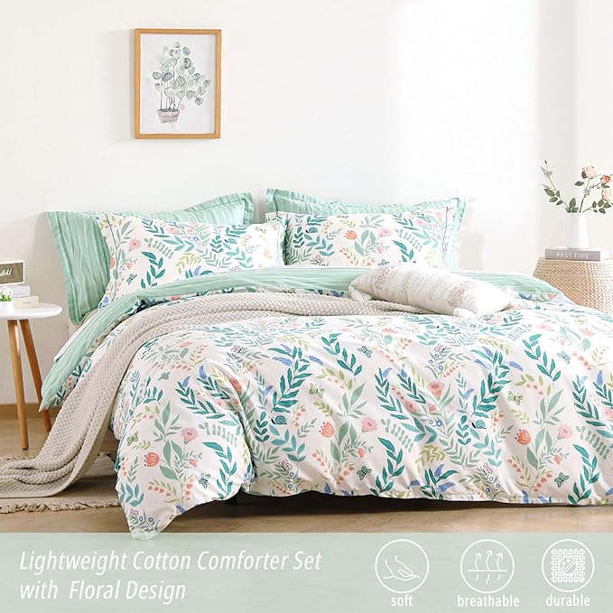Botanical Cotton Comforter King Size 3Pcs - Cute Garden Floral Design with Green Leaves & Coral and Pink Flowers,Sage Striped Reverse,Lightweight Reversible Bedding Sets(King,104"×90")