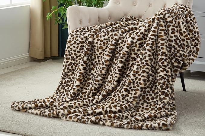 JONIYEAR Cozy Plush Brown Cheetah Faux Rabbit Fur Throw Blanket 50" x 60",Decorative Thick Fuzzy Leopard Lap Blankets for Women, Soft Fluffy Animal Printed Warm Shaggy Blanket for Winter Fall, Beige