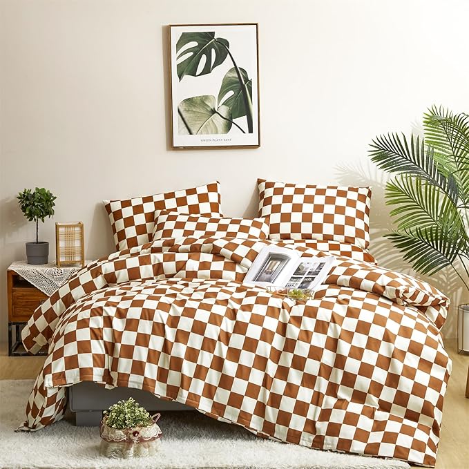CLOTHKNOW Brown Plaid Full Size Comforter Sets Grid Bedding Comforter Sets Soft Checker Comforter with 2 x Pillow Cases Soft Lightweight