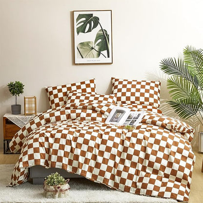 CLOTHKNOW Brown Plaid Full Size Comforter Sets Grid Bedding Comforter Sets Soft Checker Comforter with 2 x Pillow Cases Soft Lightweight