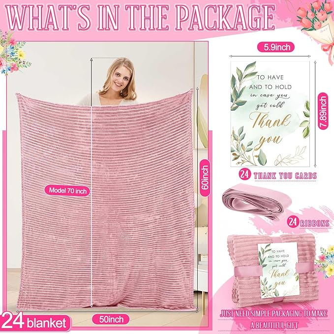 Buryeah 24 Pcs Wedding Flannel Fleece Throw Blanket Bulk with Thank You Card and Ribbon, 50 x 60 in Oeko-TEX Standard 100 Certified Blankets Outdoor Wedding, Guest Party Souvenirs (Dusty Pink)