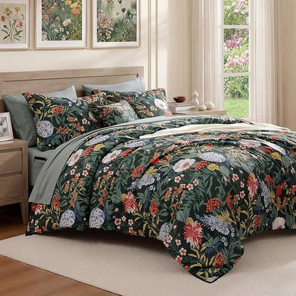 CASAAGUSTO Queen Comforter Set-7 Pieces Green Botanical Floral Bedding, Flowers Printed Design Queen Bed in a Bag with Botanical Flowers Comforter, Sheets, Pillowcases & Shams
