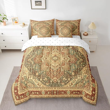 Vintage Bed in a Bag Terracotta Art Deco Bedding Set, Retro Bohemian Queen Comforter Set 7pcs Oriental Medallion Bedding Comforter Sets, Tribal Paisley Bed Sheets Set Women Girls Aesthetic Room Decor