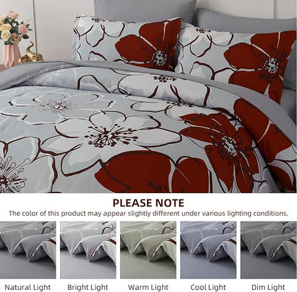 Anibedding 7Pieces Red Floral Comforter Set Queen Size, Soft Microfiber Red Grey Bed in a Bag Comforter Set with Sheets for All Season