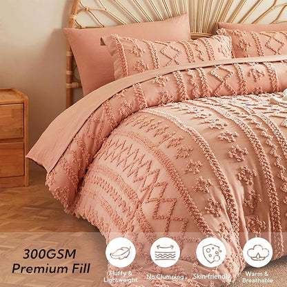 MR&HM Twin XL Comforter Set Coral Pink, 5 Pieces Tufted Boho Beddding Sets, Farmhouse Style Bed in a Bag with 1 Comforter, 1 Pillow Sham, 1 Pillowcase, 1 Flat Sheet, 1 Fitted Sheet for College Dorm