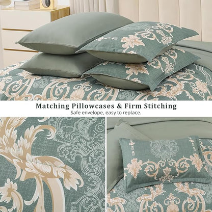 Mybedsoul Sage Green Queen Comforter Set, 7 Pieces Boho Bed in a Bag for Queen Bed, Damask Comforter with Sheets Pillowcases, Soft Microfiber Lightweight Bedding Sets for All Season(90"x90")