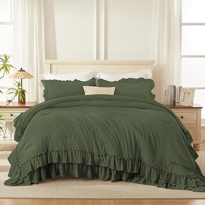 Andency Olive Green King Comforter Set (104x90Inch), 3 Pieces Ruffle Comforter Set with 2 Pillowcases, Farmhouse Shabby Chic Lightweight Fluffy Soft Microfiber All Season Bed Set