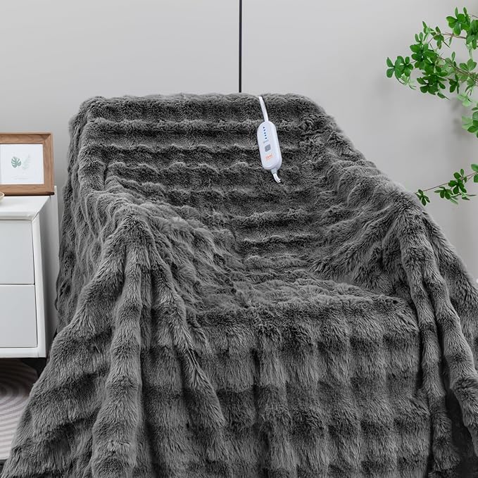Heated Blanket Electric Throw- 50"x60" Soft Thick Bubble Electric Blanket for Sofa with 5 Heat Levels & 4 Hours Auto-Off Overheat Protection, Warm Cozy Gifts, Light Grey