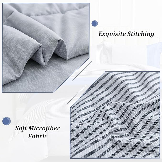 WONGS BEDDING Blue Stripe Comforter Set Twin Reversible Grey Blue Bedding Comforter Set for Twin Bed, 2 Pieces (1 Comforter+1 Pillowcase), Soft Microfiber Filling Duvet Set 68”×86”
