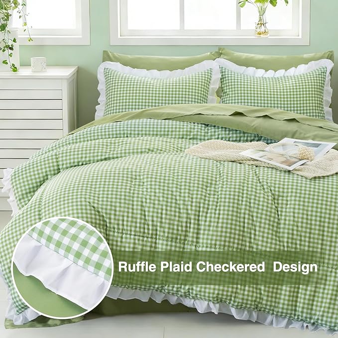 A Nice Night Comforter 5Pcs Queen Size,Green Ruffle Comforter for Dorm Room Essentials for Twin Bed,Plaid Checkered Chic Bedding Bed in a Bag for Girls