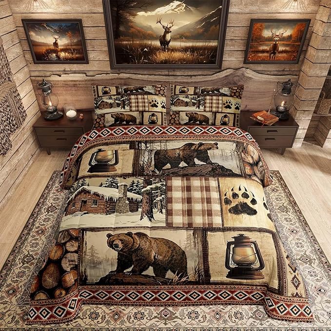 Feelyou Bear Comforter Set King Size Wildlife Hunting Bedding Set for Kids Boys Girls Rustic Cabin Duvet Quilt Farmhouse Bedroom Decor Microfiber 3 Pcs with 2 Pillow Cases