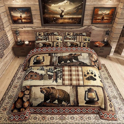Feelyou Bear Comforter Set King Size Wildlife Hunting Bedding Set for Kids Boys Girls Rustic Cabin Duvet Quilt Farmhouse Bedroom Decor Microfiber 3 Pcs with 2 Pillow Cases