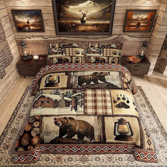 Feelyou Bear Comforter Set Full Size Wildlife Hunting Bedding Set for Kids Boys Girls Rustic Cabin Duvet Quilt Farmhouse Bedroom Decor Microfiber 3 Pcs with 2 Pillow Cases
