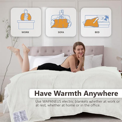Wapaneus Heated Blanket Electric Queen Size 84"x90"-Dual Control with 10 Heat Levels 12 Timer Settings and 8 Hours Auto-Shut Off,Fast-Heating Electric Blanket,ETL Listed Machine Washable,Ivory