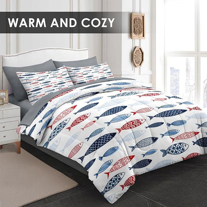 Comforter Set Full Size, Fish Blue Summer 7 Pcs Bedding for Kids and Adults, Sea Cute Ocean Bed Sheet Sets with Fitted Sheet 2 Pillowcases & 2 Shams for Bedroom Bed Decor