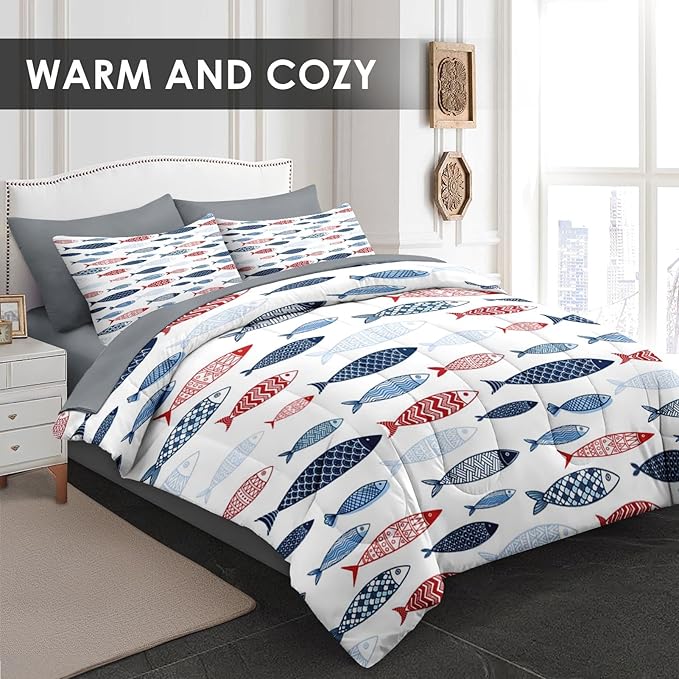Comforter Set Queen Size, Fish Blue Summer 7 Pcs Bedding for Kids and Adults, Sea Cute Ocean Bed Sheet Sets with Fitted Sheet 2 Pillowcases & 2 Shams for Bedroom Bed Decor